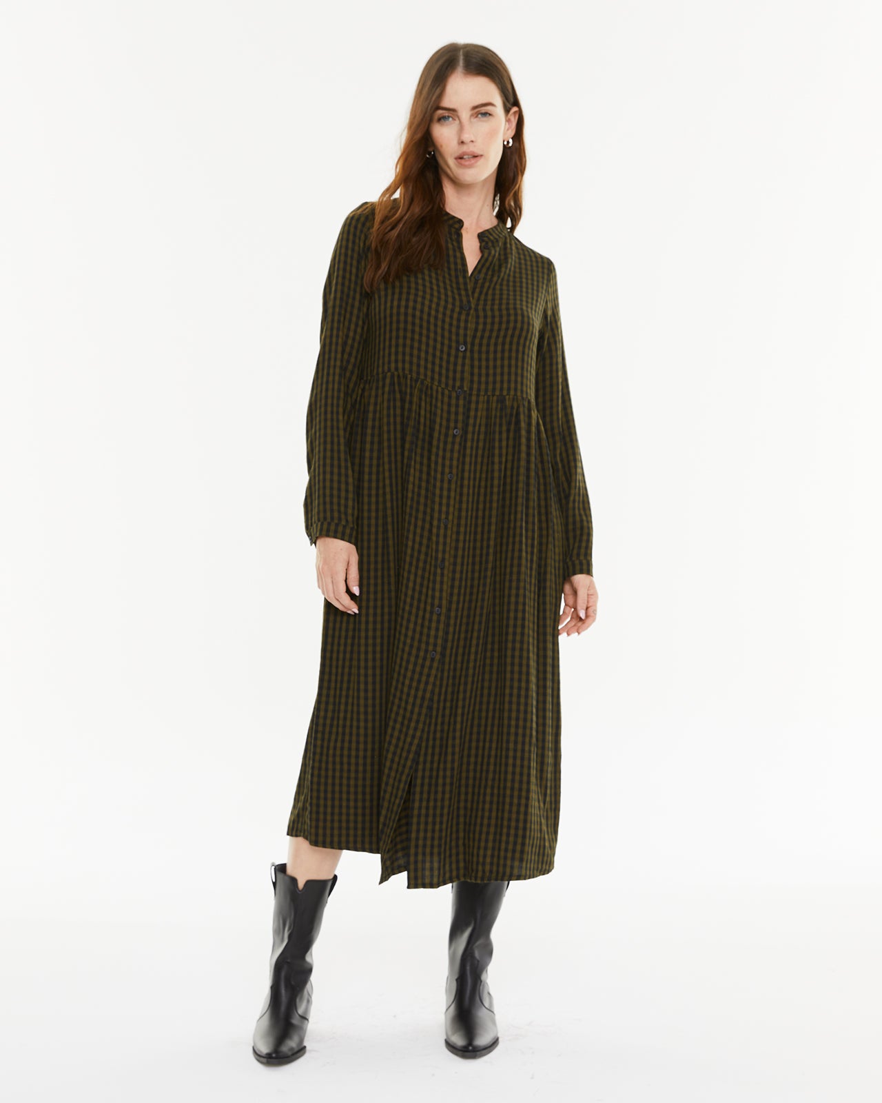 Vestido cuadros cuello mao